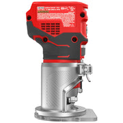 Photo of CRAFTSMAN compact router CMCW400B in red and silver, side angle on white background.