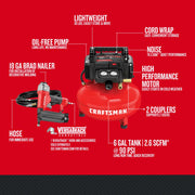 Photo of Craftsman compressor and brad nailer kit, CMEC1KIT18, red tank, hose, nailer, front angle, labeled features.