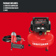 Photo of Craftsman CMEC1KIT18 compressor kit with red compressor, brad nailer, and hose on a red background.