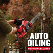 Photo of Craftsman chainsaw CMECS600 in use, red and black design, cutting tree outdoors.