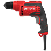 Photo of CRAFTSMAN electric drill, SKU CMED731, red and black, side view on white background.