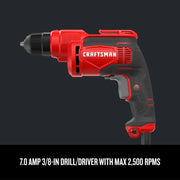 Photo of Craftsman corded drill/driver CMED731, red and black, side angle view on dark background.