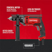 Photo of Craftsman corded drill CMED741 with keyed chuck and side handle, front angle, red and black body.