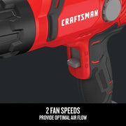 Photo of Craftsman heat gun CMEE531, red and black closeup, showing trigger and speed switch on white background.