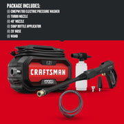 Photo of CRAFTSMAN CMEPW1700 electric pressure washer kit with hose, wand, turbo nozzle, 40° nozzle, soap applicator.
