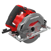 Photo of Craftsman CMES510 circular saw, red and gray design, side angle on white background.
