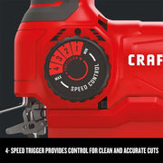 Photo of Craftsman jigsaw speed control dial in red, close-up angle, model CMES610, features 4-speed trigger.