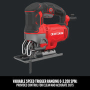 Craftsman jigsaw CMES612 side angle, red and black body, variable speed trigger, visible blade and controls.
