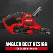 Side view photo of Craftsman belt sander model CMEW213, red and black with angled belt design.