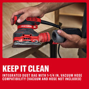 CRAFTSMAN hand sander with dust bag and hose compatibility shown being used on a wooden surface.