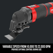 CRAFTSMAN oscillating tool CMEW400, black and red, side angle, variable speed, blade attachment visible.