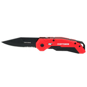 Photo of Craftsman CMHT10934 folding knife with red and black handle and partially serrated black blade, side angle.