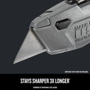 Photo of Craftsman utility knife blade, SKU CMHT11700N, close-up angle, silver edge in holder, graphics category.