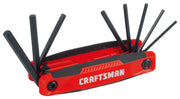 Photo of CRAFTSMAN CMHT26006 folding hex key set, red and black handle, multiple hex keys extended, front angle.