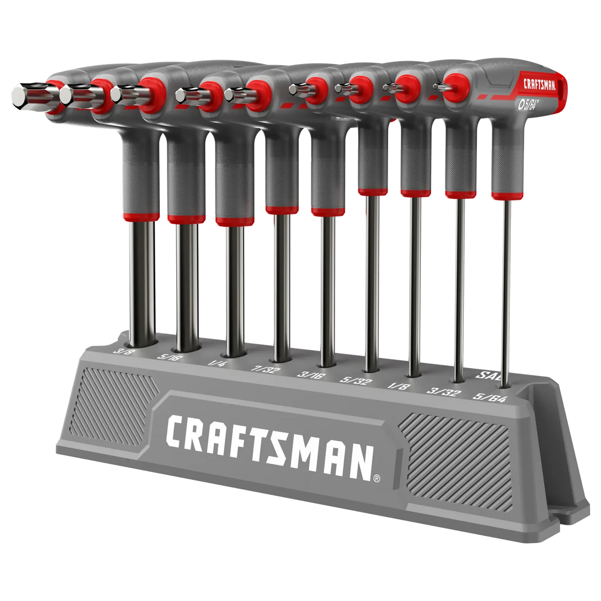 A set of Craftsman T-handle hex key wrenches in various sizes arranged in a gray storage holder labeled with their sizes.