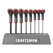 A set of eight hex key wrenches with T-handles, displayed upright in a gray stand labeled 'CRAFTSMAN.' The wrenches are arranged by size from 2mm to 10mm.