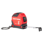 Photo of Craftsman CMHT37106G 6 ft red and black tape measure keychain, angled view on white background.