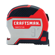 Photo of Craftsman tape measure, model CMHT37109S, 9 ft length, red and silver, side view on white background.