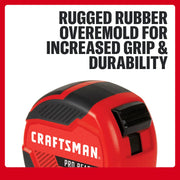 Photo of Craftsman tape measure CMHT37570S with red and black rubber overmold for enhanced grip and durability.
