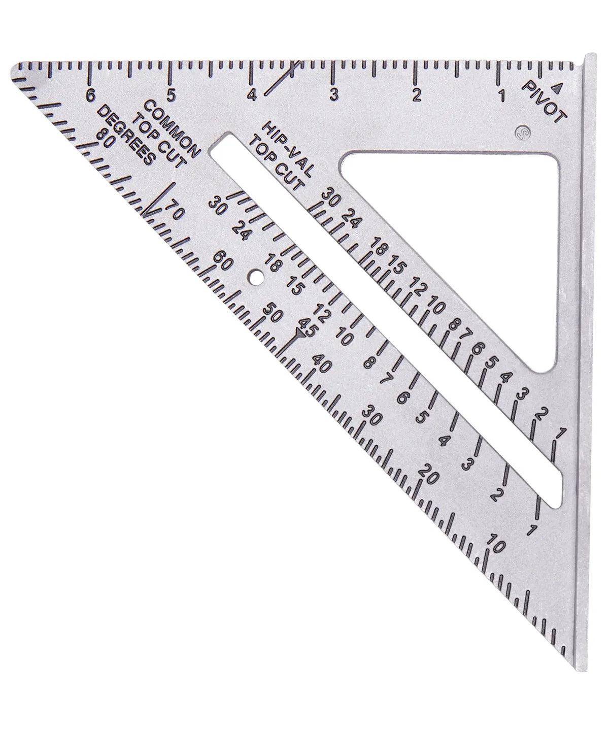 Photo of CRAFTSMAN CMHT42790 steel rafter square with etched measurement markings, angled on white background.