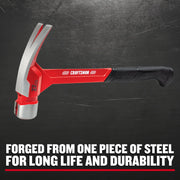 Photo of Craftsman steel claw hammer CMHT51435 with red handle, left-angle view.