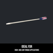 Photo of Craftsman flathead screwdriver CMHT65028, clear and red handle, slotted tip, side angle on black background.
