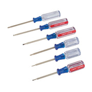 Photo of Craftsman screwdriver set CMHT65043 with six blue and red handle screwdrivers, front angle, white background.