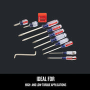 Photo of Craftsman screwdriver set CMHT65044 with clear and red handles, magnetizer, and metal pry bar on white background.