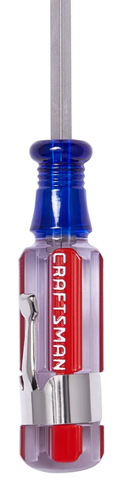 Craftsman CMHT65047 screwdriver with clear red and blue handle, metal clip, and visible shaft, front view, white background.
