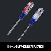 Photo of two Craftsman screwdrivers CMHT65047 with clear and blue handles, one slotted and one Phillips, angled on white background.