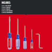 Photo of Craftsman screwdriver set, SKU CMHT65050, with five assorted screwdrivers on white angle background.