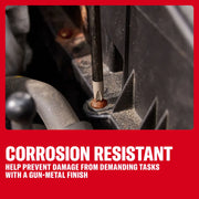 Screwdriver inserted into a rusted screw, showing corrosion resistance and gun-metal finish for durability.
