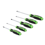 Photo of Craftsman CMHT65135 screwdriver set with black and green handles, flat and Phillips tips, angled view.