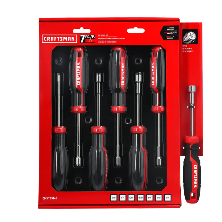Photo of Craftsman 7-piece nut driver set CMHT65146 with red and black handles, front angle on white background.
