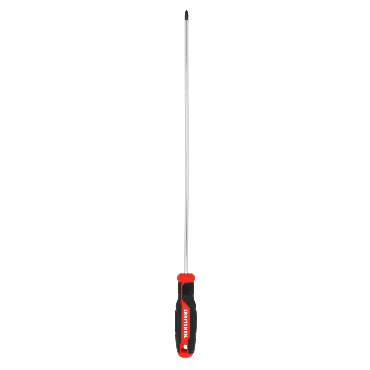 Photo of Craftsman long black and red Phillips screwdriver CMHT65155, straight-on angle, white background.