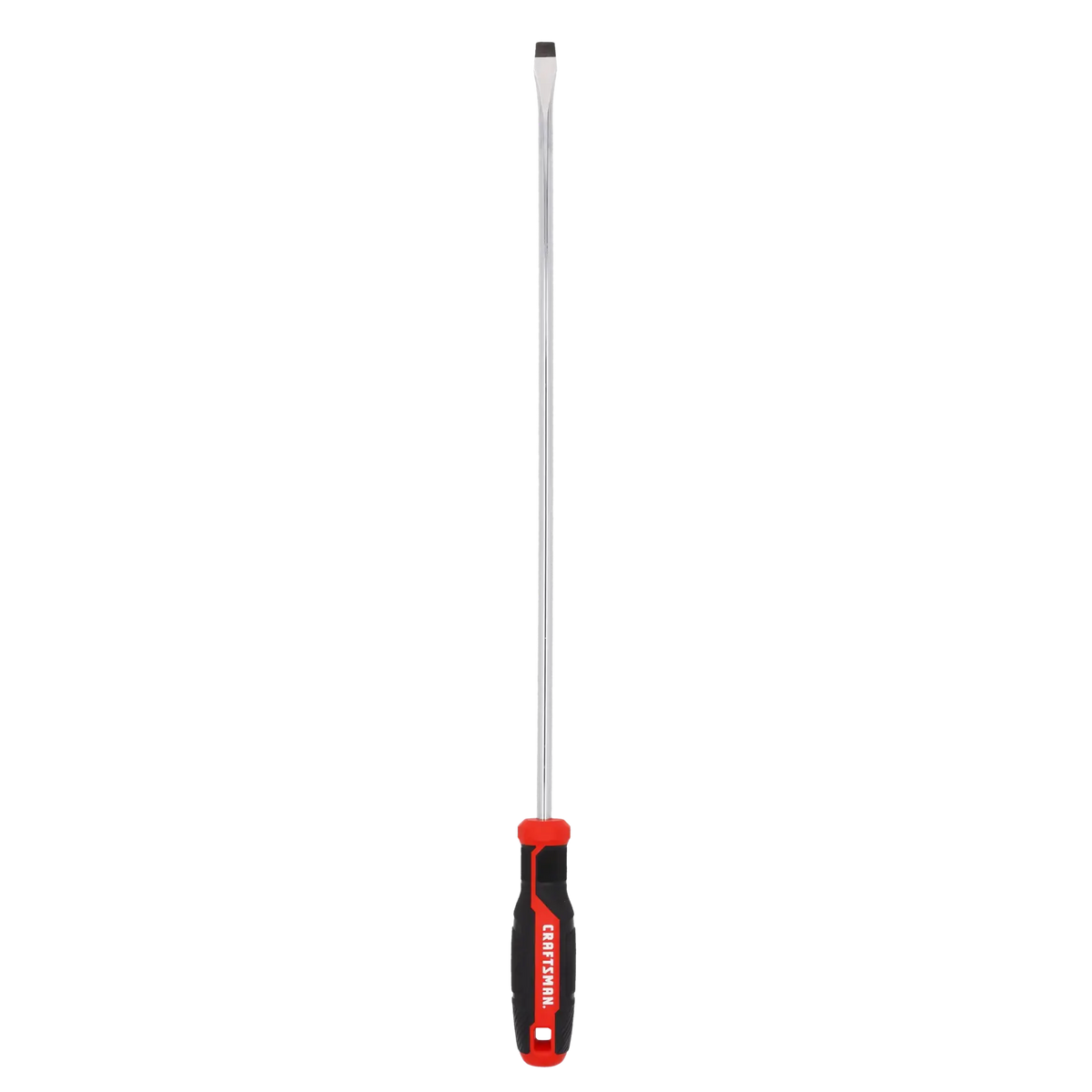 Front view photo of Craftsman flathead screwdriver CMHT65168 with long chrome shaft and black-red handle.