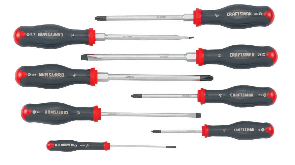 Photo of CRAFTSMAN screwdriver set CMHT65618V, eight black and red screwdrivers, flat and Phillips types, top view.