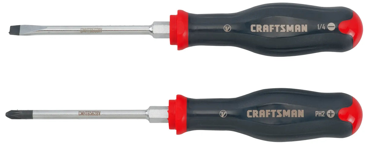 Photo of Craftsman screwdriver set CMHT65619V with one flathead and one Phillips, black and red handles, side angle.