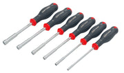 Photo of CRAFTSMAN nut driver set, model CMHT65629V, six pieces with black handles and red accents on white background.