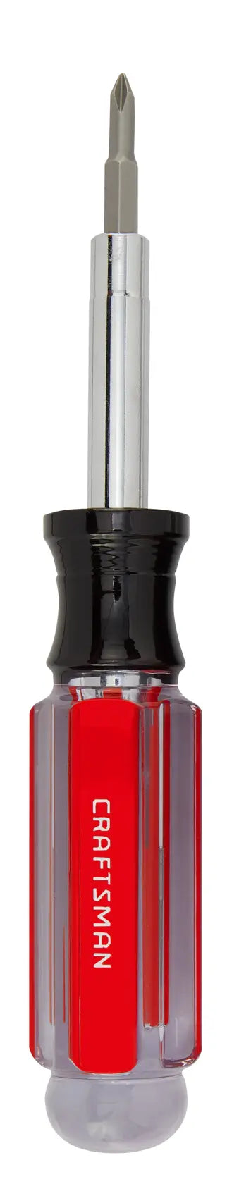 Photo of Craftsman multi-bit screwdriver CMHT66052 with red and clear handle, front angle on white background.