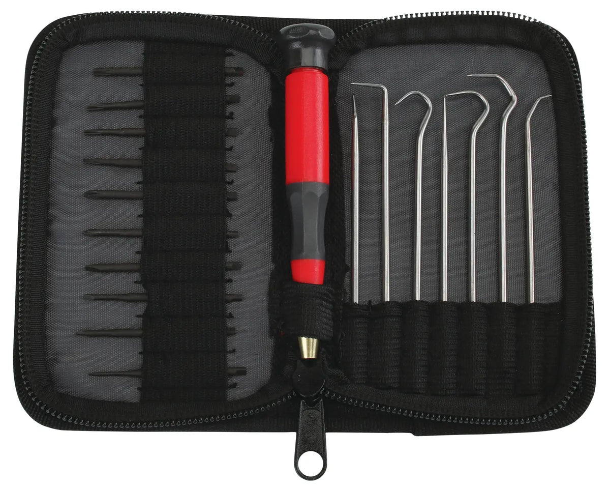 Photo of Craftsman CMHT68002 precision screwdriver and pick set in black zippered case, shown from top view.