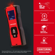 Photo of Craftsman laser distance measurer CMHT77638, red and black, with digital display and ON button.