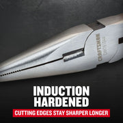 Close-up of Craftsman long nose pliers CMHT81644 with induction hardened cutting edges, angled on dark background.