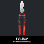 Craftsman CMHT81649 graphics of red and black induction-hardened linesman pliers, front view.