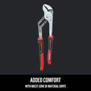 Craftsman CMHT81721 graphics photo of red and black groove joint pliers with multi-zone grips, front angle.