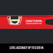 Photo of Craftsman red level CMHT82345 with bubble vial, partial handle, and level accuracy text.