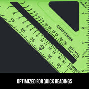 Photo of Craftsman CMHT82386G green speed square with bold black markings, close-up angle, graphics category.