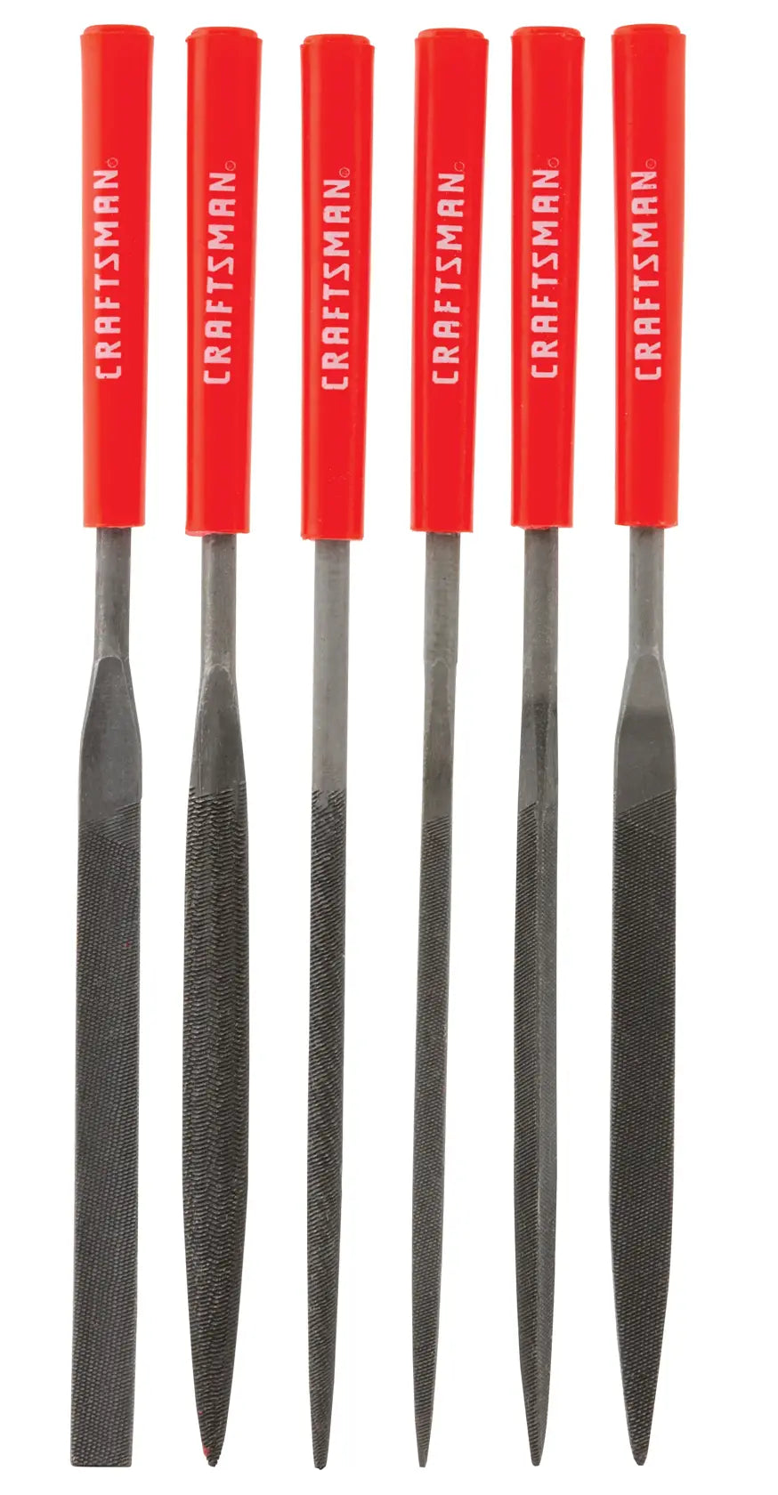Photo of Craftsman CMHT82529 file set with six metal files, red handles, front view on white background.