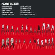 Photo of Craftsman pliers set, SKU CMHT82625, featuring assorted pliers and hand tools with red and black handles on a white background, arranged in two rows.