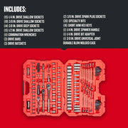 Craftsman CMMT12033L graphics of red tool set case with sockets, wrenches, ratchets, and accessories, top-down view.